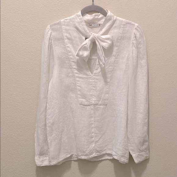 NWOT ZARA white linen long sleeved blouse with neck tie. - Picture 3 of 8